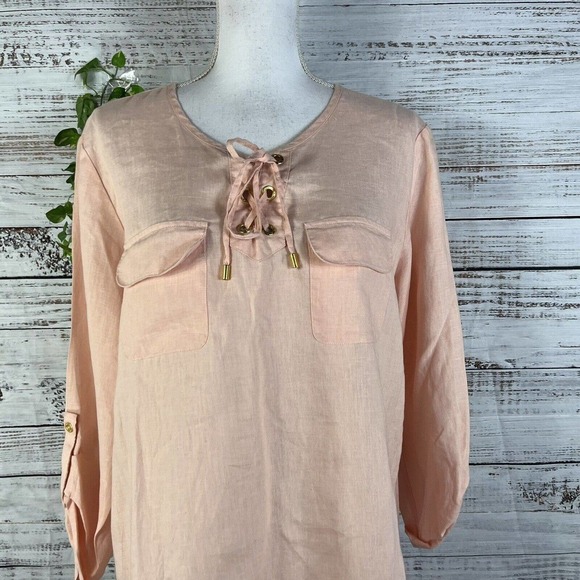 Ellen Tracy Company Tunic Blouse Large Peach Linen Sailor Beach Modest Church - Picture 3 of 13
